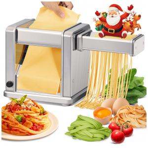 Máquina de Macarrão Elétrica em Aço Inoxidável com Cortador de Rolos Ajustável 7 Espessuras 2 Larguras para Spaghetti, Fettuccini