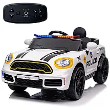 Carro Elétrico Infantil a Bateria Policial com Controle Remoto, Luzes e Alarme, 12V, AOKOY, Branco