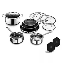 Jogo de Panelas HexClad Híbrido 14 Peças Aço Inox Antiaderente Cerâmico Preto Indução Forno 482°C