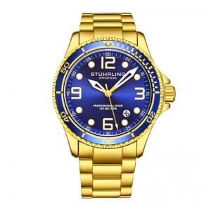 Relógio Masculino Stuhrling Mergulhador 3930 Quartzo 42mm, Dourado e Azul