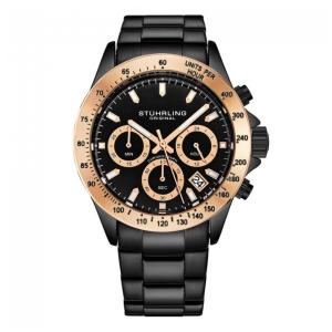 Relógio de Pulso Cronógrafo Stuhrling Ultima 42mm Mostrador Preto Pulseira Aço Inoxidável Preta