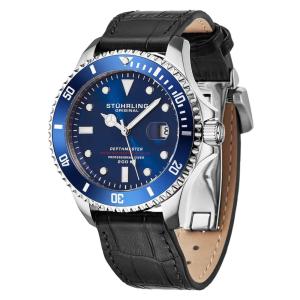 Relogio Automatico Swiss Depthmaster 883L 42mm, Mostrador Azul, Pulseira de Couro Preto e Fivela Prateada Stuhrling