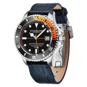 Relogio Automatico Swiss Depthmaster Heritage 883HL 42mm Mostrador Preto e Prata, Pulseira de Couro Azul e Fivela Stuhrling.
