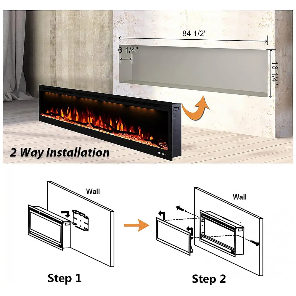 Lareira Elétrica de Embutir A43x219L com Controle Remoto e Proteção contra Superaquecimento, 110V 1500W, Valuxhome, Preta — foto 2