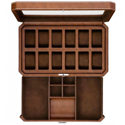 Caixa, Estojo de Couro com Gaveta de Manobrista para Relógios com 12 Compartimentos, ROTHWELL, Marrom
