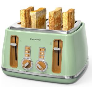 Torradeira Elétrica 4 Fatias com 6 Níveis de Tostagem, Função Descongelar e Bandejas de Migalhas Removíveis, 110V 1500W, Evoloop, Verde