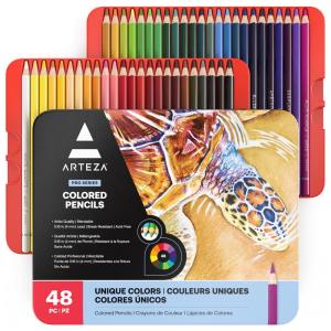 Lápis de Cor ARTEZA, 48 Cores Vibrantes em Caixa de Lata para Adultos, Material Profissional de Arte Pack com 48 Unidades