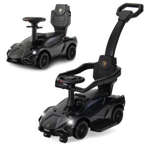 Carrinho de Passeio Infantil 3 em 1 com Rodas Universais, Alça, Guarda Corpos Removíveis e Música, OLAKIDS Lamborghini, Preto
