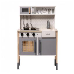 Cozinha Infantil Vintage Moderno em Madeira com Luzes e Sons Realistas para Crianças Acima de 3 Anos, ROBUD, Cinza