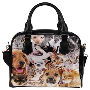 InterestPrint Bolsa Femina de Ombro e Mão com Estampa de Gatinhos e Cães, Preta