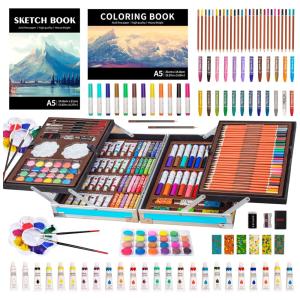 Kit Lápis de Cor Profissional com Maleta de Madeira 139 peças Tintas Acrílicas, Aquarela, KINSPORY L137, Laranja