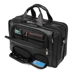 Bolsa Carteiro Masculina de Couro Genuíno para Laptop com 17,3 Polegadas e Fecho em Zíper, Texas, Preta