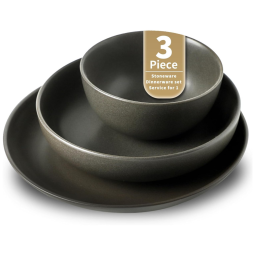 Aparelho de Jantar de 3 Peças, Prato e Tigela de Pedra, Conjunto de Serviço de Cerâmica, Resistente a Riscos, Seguro para Lava-Louças
