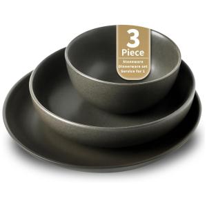 Aparelho de Jantar de 3 Peças, Prato e Tigela de Pedra, Conjunto de Serviço de Cerâmica, Resistente a Riscos, Seguro para Lava-Louças