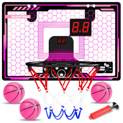Cesta de Basquete para Meninas com Luz LED, Placar Eletrônico e 3 Modos de Jogo para Crianças de 5 a 12 Anos, HAMSILY, Rosa