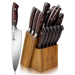 Conjunto de Facas em Aço Inoxidável com Bloco de Bancada e Cabo Ergonômico, 16 Peças, DDF iohEF, Marrom Escuro