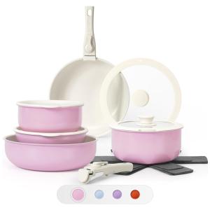 Jogo de Panelas e Frigideiras Antiaderentes em Granito com 15 Peças e Cabo Removível, SODAY, Rosa