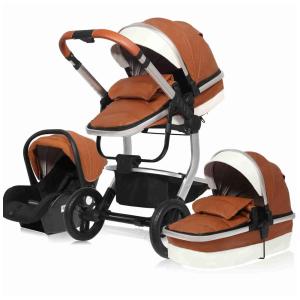 Carrinho de Bebê 3 em 1 com Estrutura de Alumínio e Couro PU, Encosto Ajustável e Base de Assento Infantil, ElveBuka, Marrom