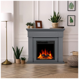 Lareira Elétrica de Embutir A100x109L cm com Suporte de TV, Chama de LED Ajustável e Controle Remoto, 110V 1500W, R.W.FLAME, Cinza