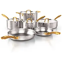 Conjunto de Panelas e Frigideiras 10 Peças em Aço Inoxidável Triplo para Indução e Não Tóxico, Homaz Life, Prata e Dourada