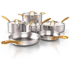 Conjunto de Panelas e Frigideiras 10 Peças em Aço Inoxidável Triplo para Indução e Não Tóxico, Homaz Life, Prata e Dourada