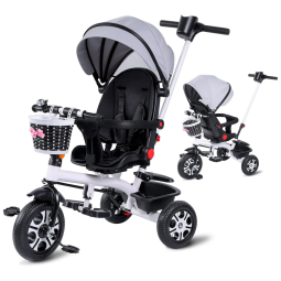 Triciclo Infantil 6 em 1 com Guarda Copo, Assento Giratório, Alça de Empurrar e Cobertura, LazyWomen, Branco