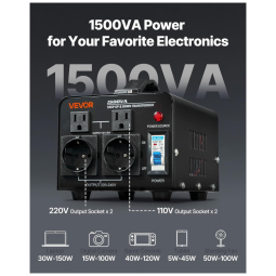 Conversor de Voltagem VEVOR 1500VA Elevação/Redução Pesado, 110V-220V, Tomadas EU/US, Proteção Disjuntor HYMG-1500VA