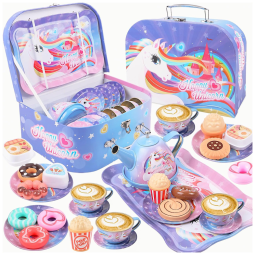 Jogo de Chá Infantil 27 Peças com Tema de Unicórnio e Estojo de Transporte para Crianças Acima de 3 Anos, Golray, Roxo