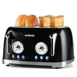 Torradeira Elétrica Retrô 4 Fatias em Aço Inoxidável com 6 Níveis de Tostagem e Painel de Controle Duplo Independentes, 110V 1650W, CUSIMAX