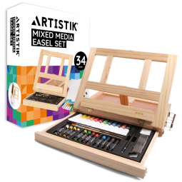 Mixed Media Art Set Kit de Pintura Profissional com Maleta de Madeira, 34 Peças, ARTISTIK, Marrom Claro