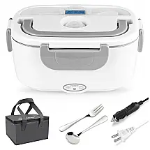 Marmita Elétrica Portátil 2 em 1, 1,5L com Bolsa para Transporte, Colher e Garfo, 12V ou 110V, HengLiSam, Cinza