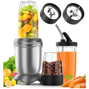 Liquidificador para Vitaminas 590mL com 2 Copos e 2 Tampas para viagem, 110V 850W, TOAKELI, Prata