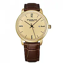 Relógio Stuhrling Classic 40mm Mostrador Champanhe, Pulseira Couro Marrom e Detalhes Amarelos
