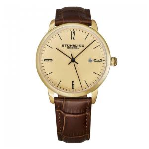 Relógio Stuhrling Classic 40mm Mostrador Champanhe, Pulseira Couro Marrom e Detalhes Amarelos