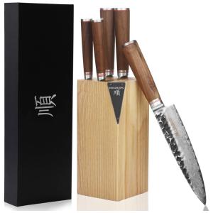 Conjunto de Facas YOUSUNLONG em Aço Damasco Martelado Japonês com Bloco de Bancada, 5 Peças, Marrom