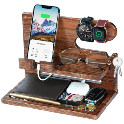 ZAPUVO Porta Chaves e Organizador Tudo em Um de Madeira com Suporte para Celular, Marrom