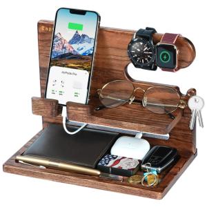 ZAPUVO Porta Chaves e Organizador Tudo em Um de Madeira com Suporte para Celular, Marrom