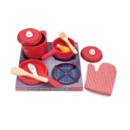 Kit Panelas e Acessórios de Cozinha Infantil de Madeira com 8 Peças para Crianças Acima de 3 Anos, Melissa & Doug, Vermelho