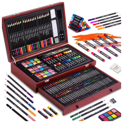 Kit Lápis de Cor Profissional com Maleta de Madeira 143 peças Tintas Acrílicas, Aquarela, COLOR MORE 0001, Marrom