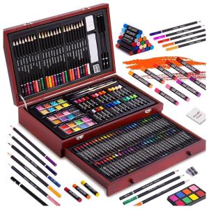 Kit Lápis de Cor Profissional com Maleta de Madeira 143 peças Tintas Acrílicas, Aquarela, COLOR MORE 0001, Marrom