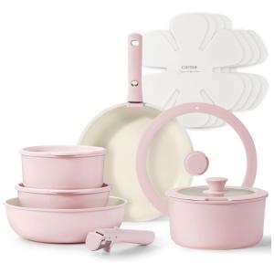 Jogo de Panelas e Frigideiras Antiaderentes em Granito com 11 Peças e Cabo Removível, CAROTE, Rosa