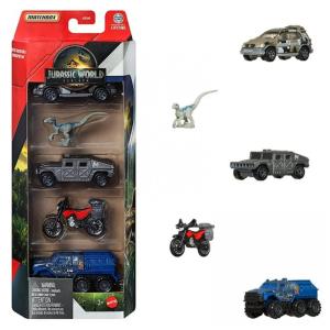 Conjunto de carros Matchbox Jurassic World Rebirth Dinosaur Toy Cars 5-Pack (Set 4) em escala 1:64 com mini dinossauro