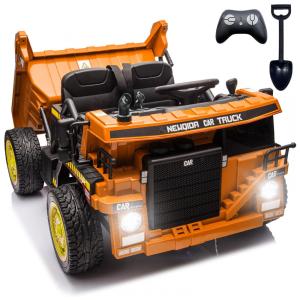 Caminhão Basculante Infantil Elétrico NEWQIDA Laranja 24V 2 Motores Pá Remota Caçamba Elétrica Bluetooth LED Bancos 19"