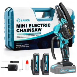 Mini Motosserra Elétrica Portátil para Corte e Poda de Galhos, Movida a Bateria 20V, 550W, Saker, Azul