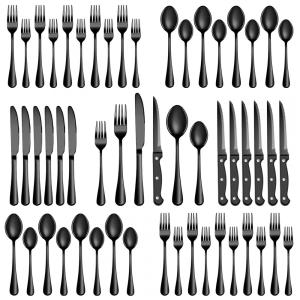Jogo de Talheres Preto 24 Peças com Facas de Churrasco MUTNITT, Aço Inox para 4 Pessoas, Utensílios de Mesa para Casa e Restaurante