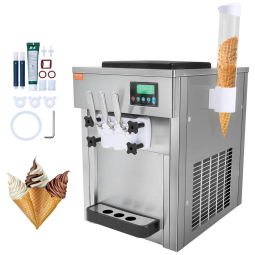 Máquina de Sorvete Soft Serve Tipo Italiano VEVOR Comercial Prata 3 Sabores 1800W 2x4L Hopper 2x1,8L Cilindro Painel LCD