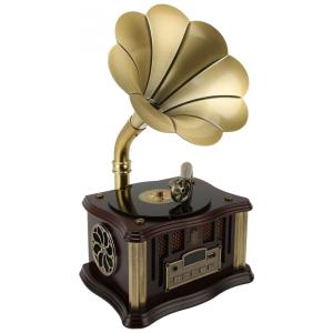 Gramofone Toca Discos Retrô com USB, AUX, Rádio FM, Bluetooth, Micro SD e Controle Remoto, Focket, Marrom