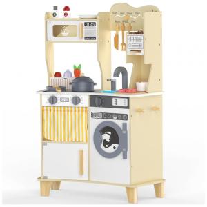 Cozinha infantil de madeira ANPABO amarela com acessórios, cafeteira, micro-ondas e máquina de lavar, 25 peças