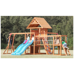 Playground Dolphin Playground T em Madeira com Escorregador, Parede de Escalada, Barra de Macaco, Ponte com Rede, Mesa e Balanço para