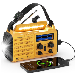 Rádio AM FM SW e NOAA 2000mAh Bateria Solar Manivela de Recarga Carregador USB, PPLEE CR1009, Amarelo